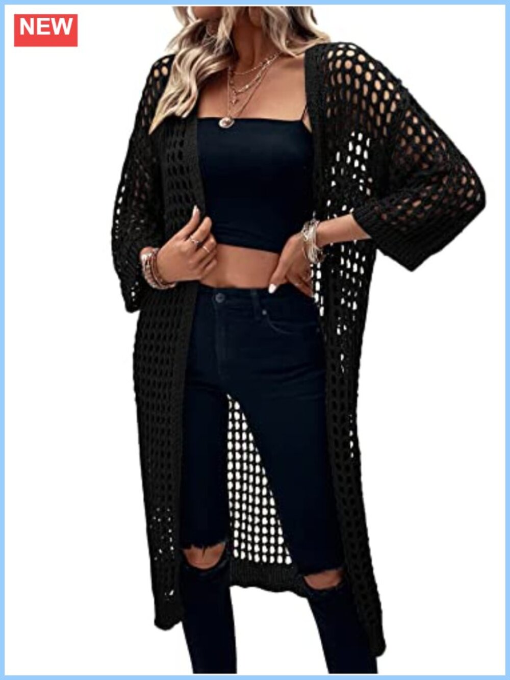 Women's 3/4 Sleeve Long Open Front Crochet Cardigan Sheer Summer Kimono Duster
